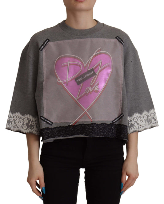 Chic Grey Cotton Heart Tee with Bell Sleeves