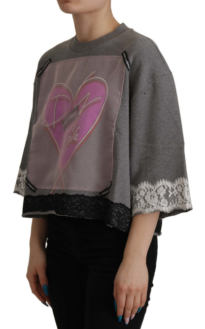 Chic Grey Cotton Heart Tee with Bell Sleeves