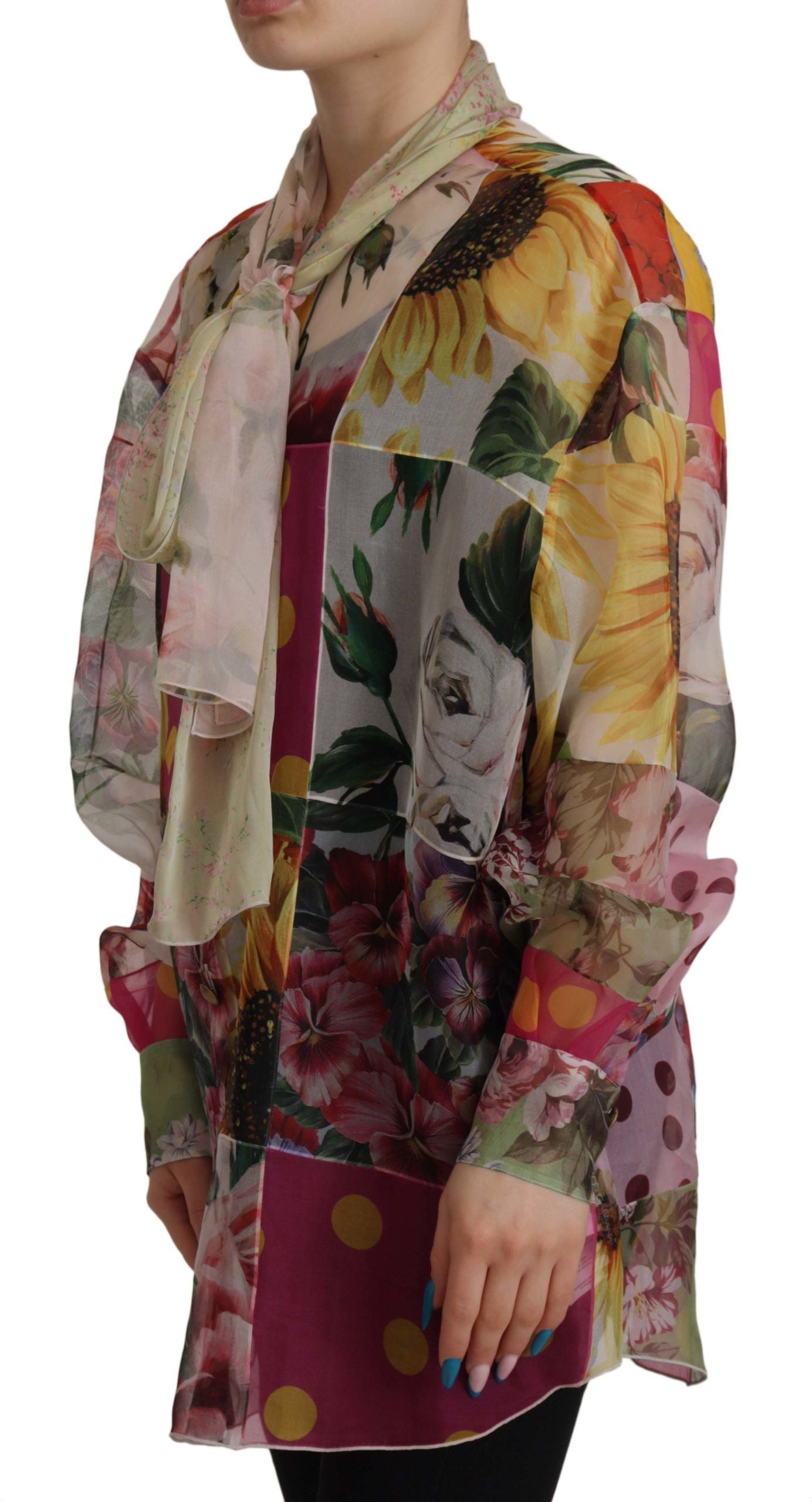 Top camicetta patchwork con colletto Ascot multicolore