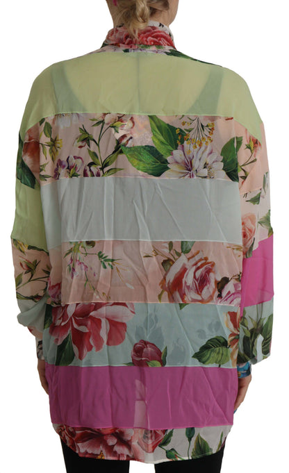 Mehrfarbige, florale Patchwork-Bluse mit Ascot-Kragen