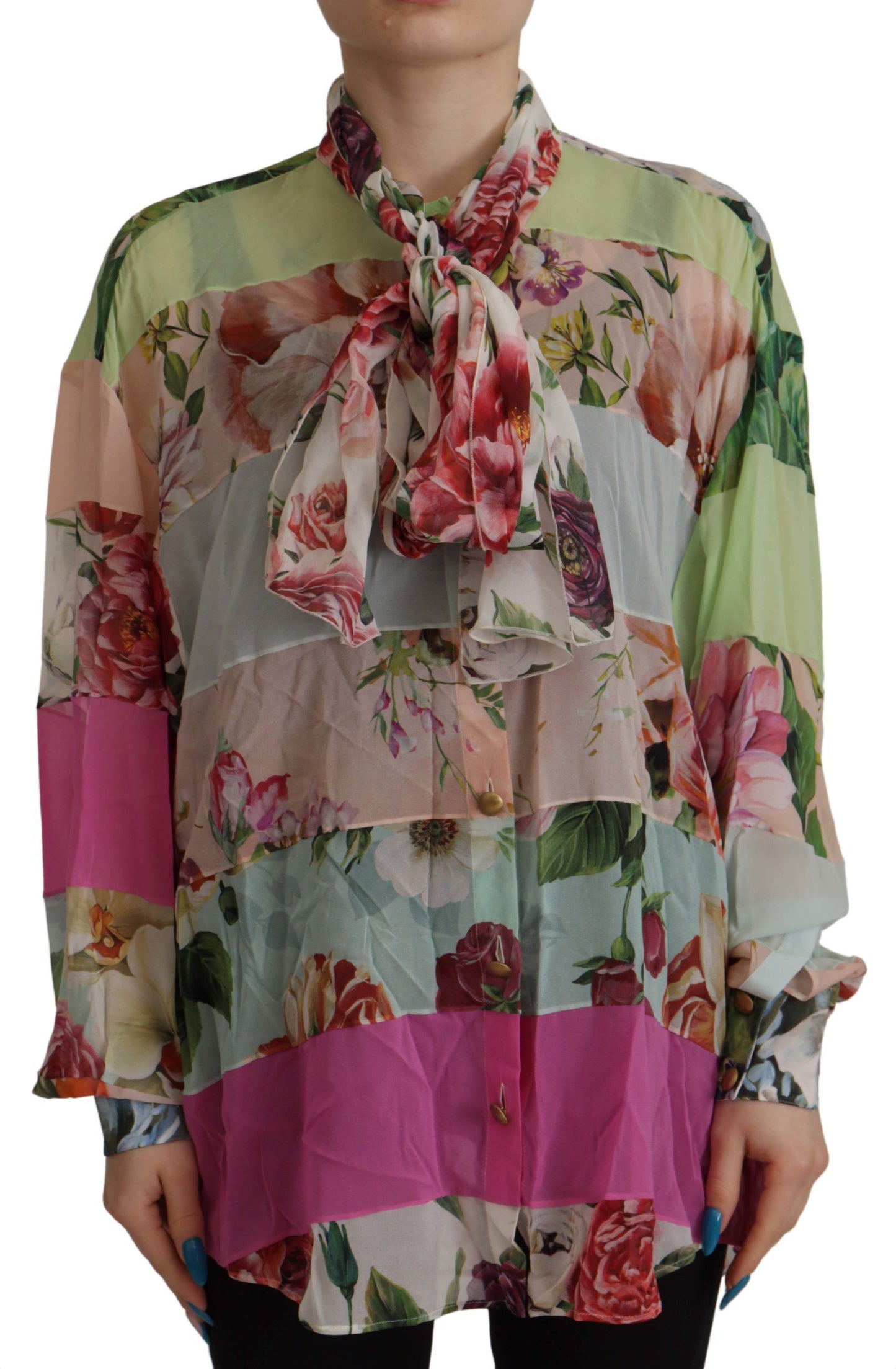 Mehrfarbige, florale Patchwork-Bluse mit Ascot-Kragen