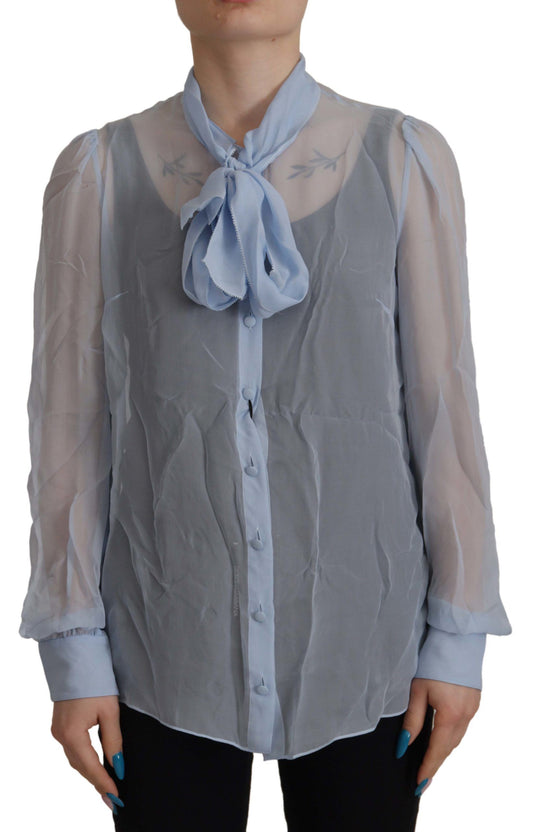 Top a maniche lunghe con colletto ascot in seta azzurra