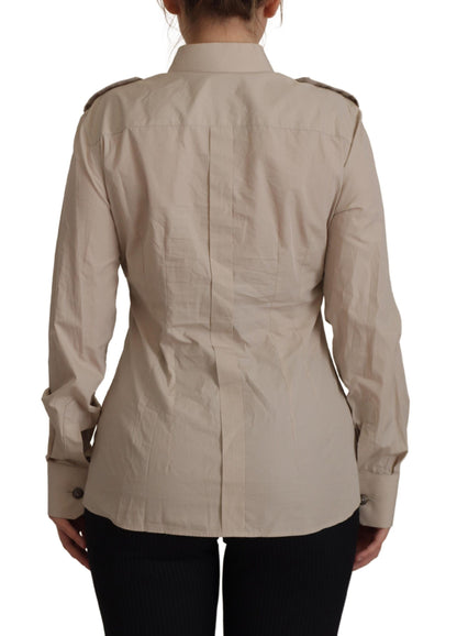 Camicia con colletto tascabile aderente in popeline beige