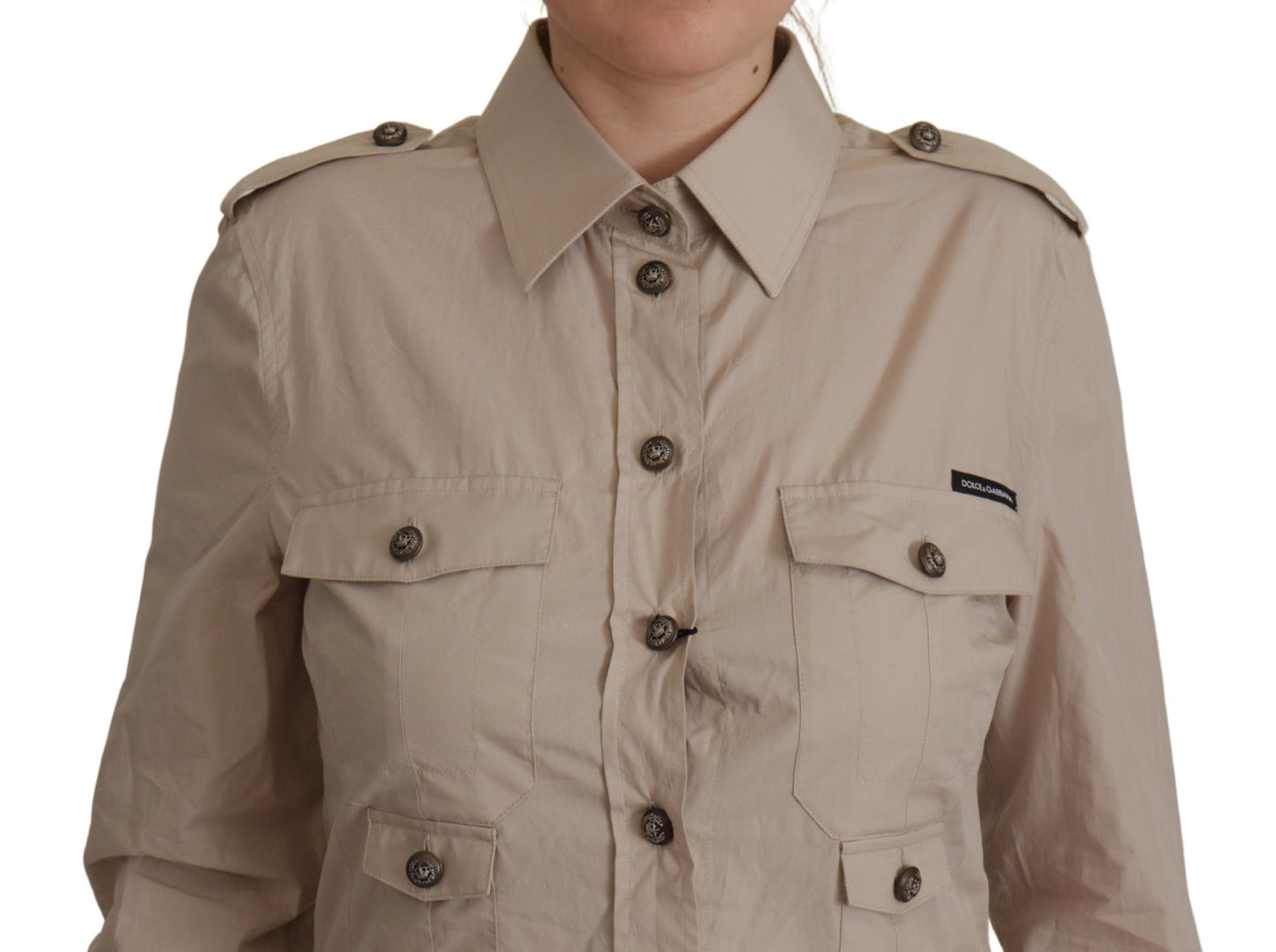 Camicia con colletto tascabile aderente in popeline beige