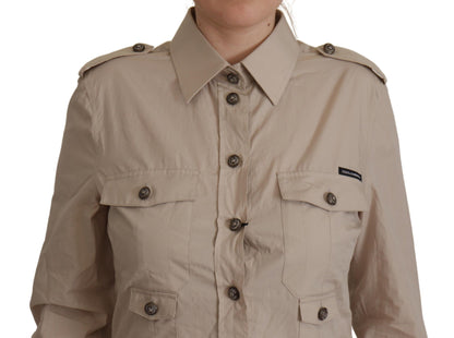 Camicia con colletto tascabile aderente in popeline beige