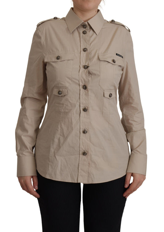 Camicia con colletto tascabile aderente in popeline beige