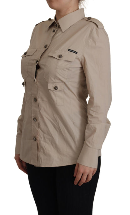 Camicia con colletto tascabile aderente in popeline beige