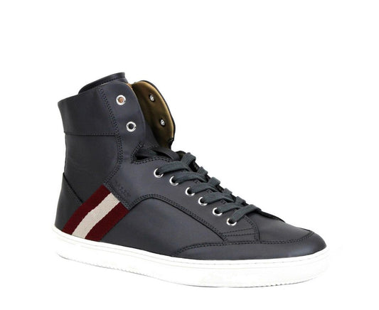 Dunkelgrauer Hi-Top-Sneaker aus Kalbsleder mit rotem Beige