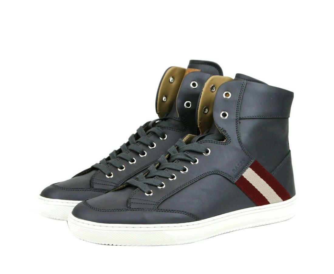 Sneaker alta in pelle di vitello grigio scuro con beige rosso