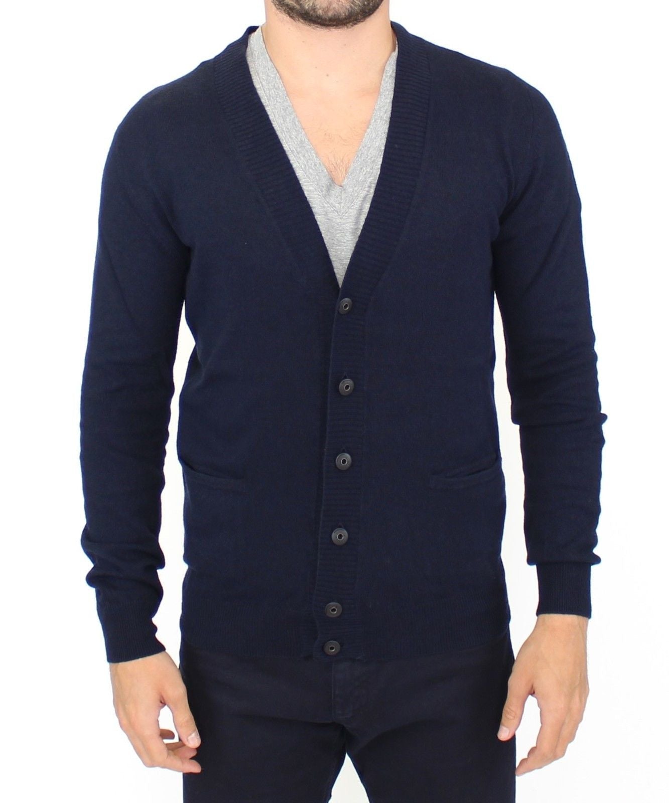 Pull cardigan en laine et cachemire bleu