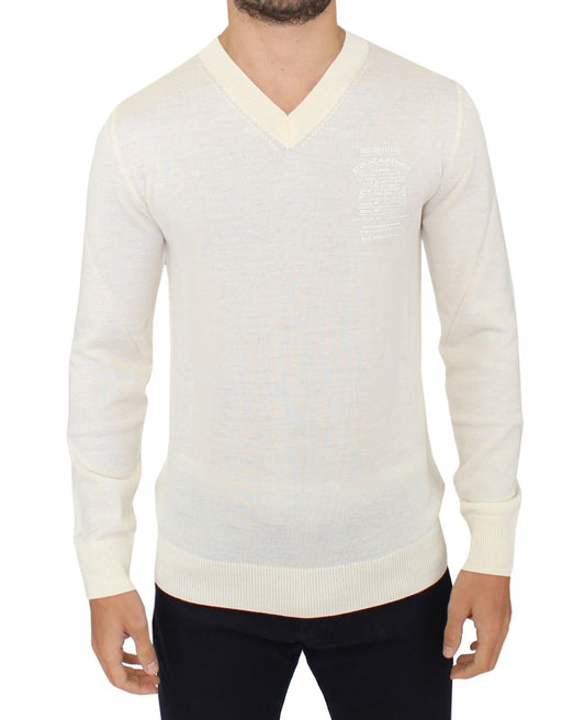 Maglione pullover con scollo a V in misto lana bianco sporco