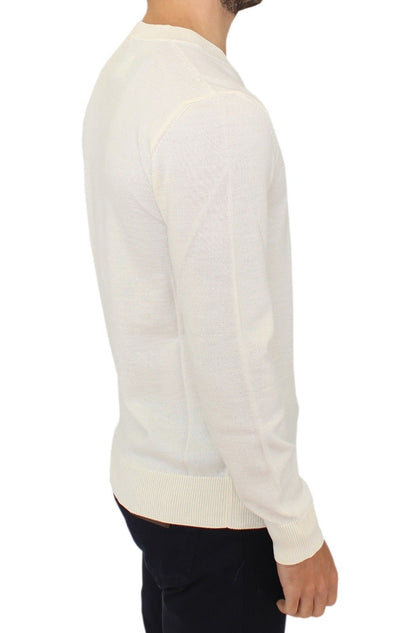 Maglione pullover con scollo a V in misto lana bianco sporco