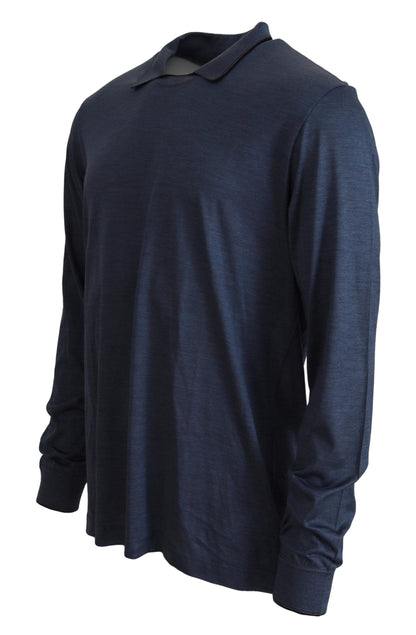 Maglione pullover a maniche lunghe polo in seta blu