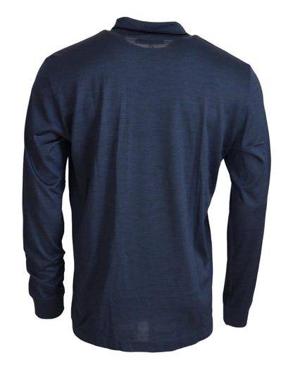 Maglione pullover a maniche lunghe polo in seta blu