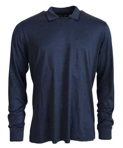 Maglione pullover a maniche lunghe polo in seta blu