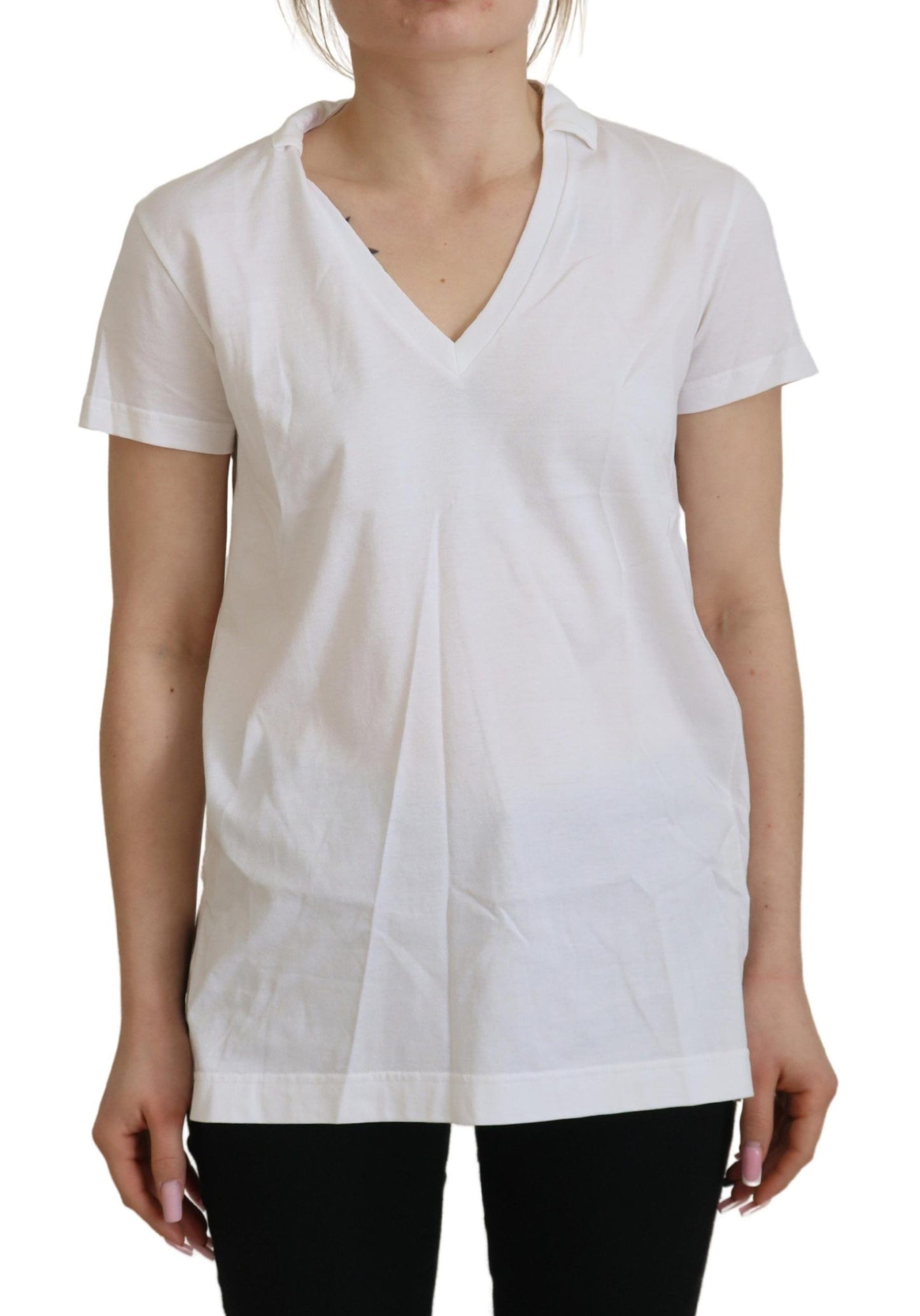 T-shirt bianca in cotone con scollo a V a maniche corte