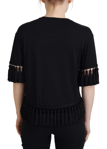 Camicetta T-shirt nera Camicetta in cotone con nappe