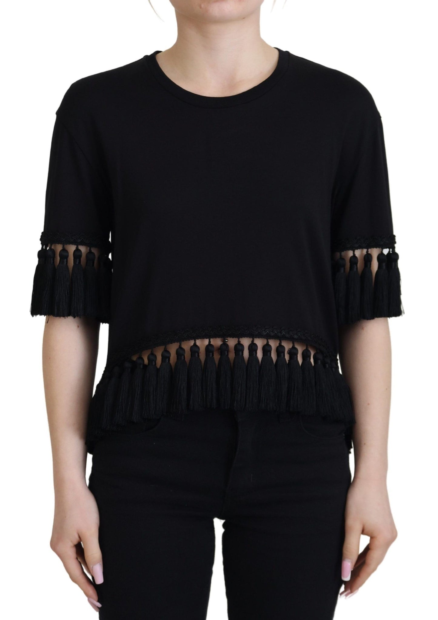 Camicetta T-shirt nera Camicetta in cotone con nappe