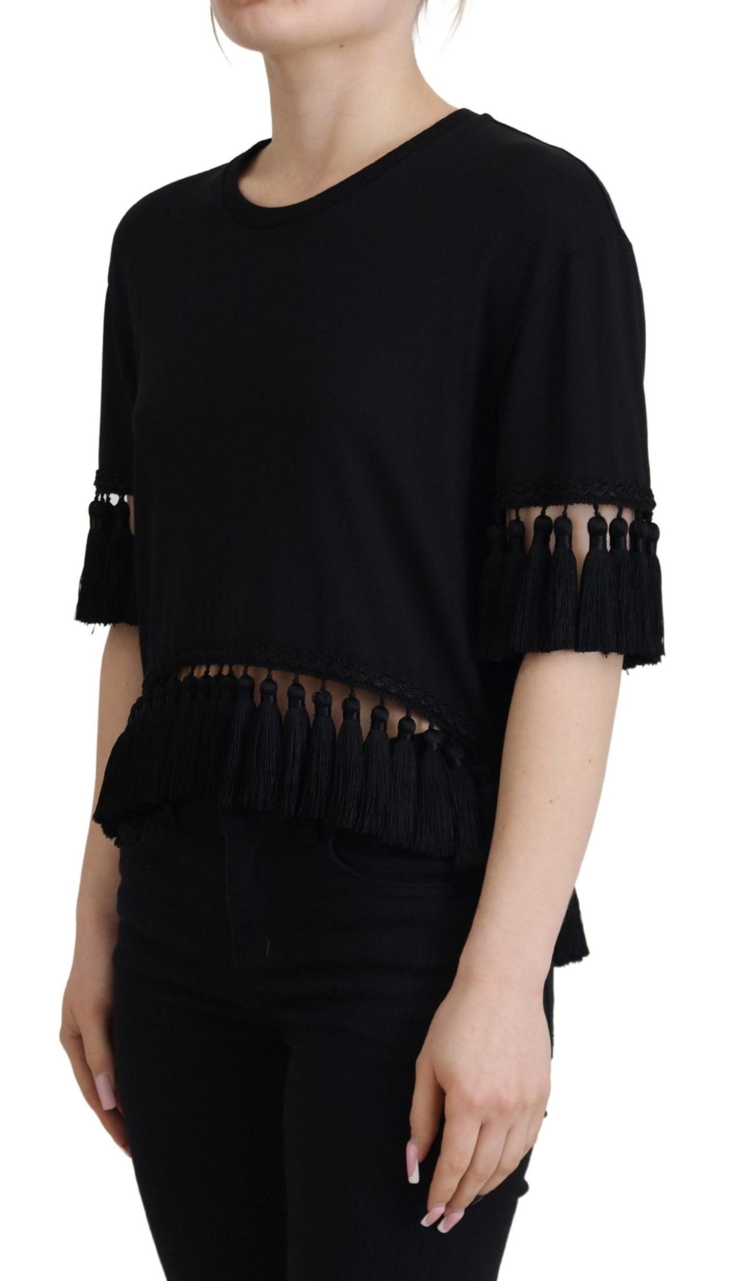 Camicetta T-shirt nera Camicetta in cotone con nappe