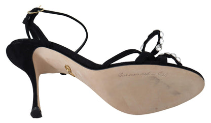 Schwarze Wildleder-Sandalen mit Kristallen und Absatz