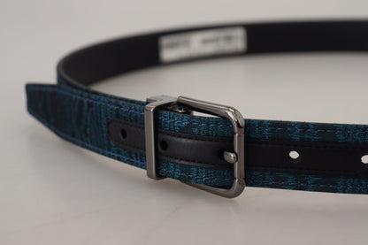 Cintura da uomo in metallo argentato con motivo jacquard blu