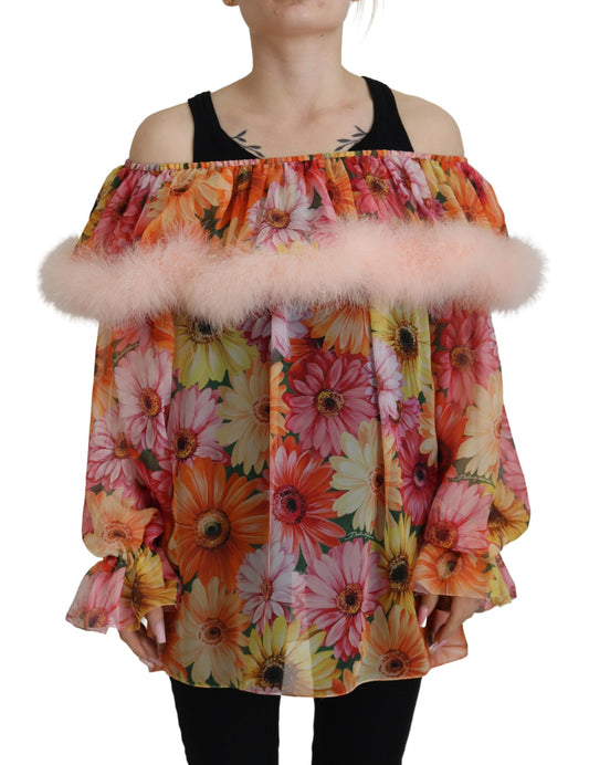 Top in camicetta in shearling con pelliccia floreale multicolore