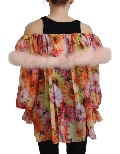 Top in camicetta in shearling con pelliccia floreale multicolore