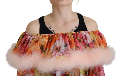 Top in camicetta in shearling con pelliccia floreale multicolore