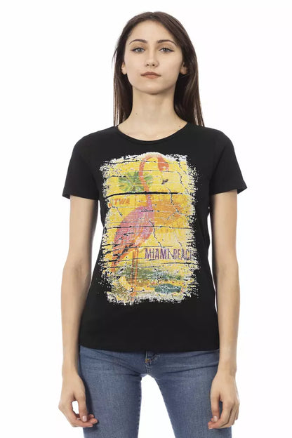 Schickes schwarzes Rundhals-T-Shirt mit Frontprint