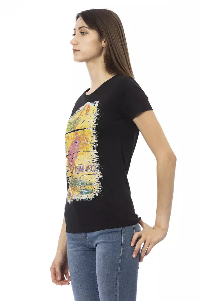 Schickes schwarzes Rundhals-T-Shirt mit Frontprint