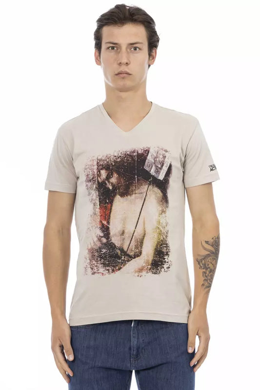 Beiges T-Shirt mit V-Ausschnitt und Frontprint