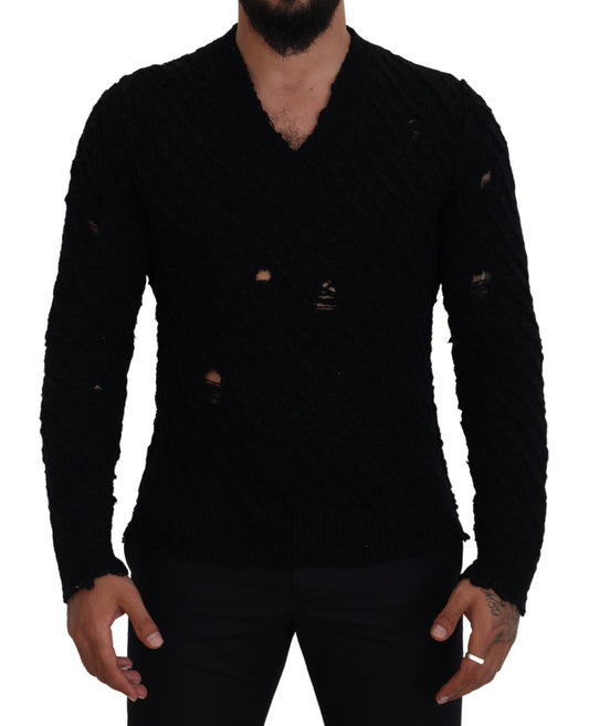 Eleganter schwarzer Pullover aus Wollmischung mit V-Ausschnitt