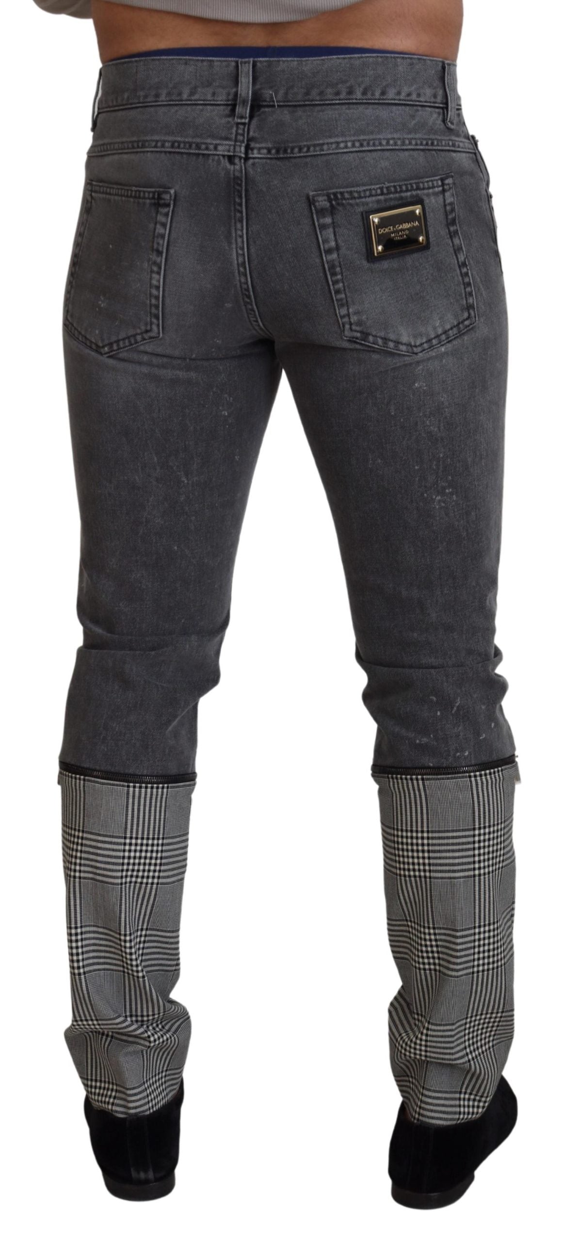 Jeans denim da uomo con gamba a quadretti in cotone grigio