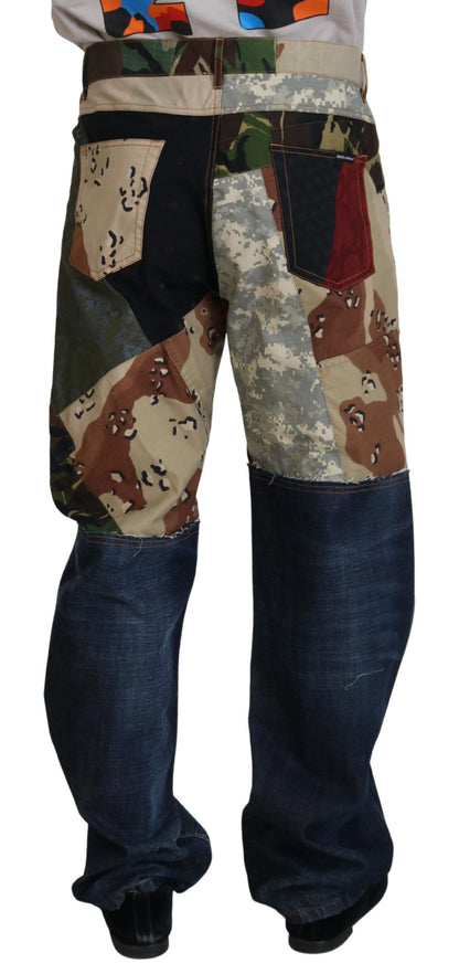 Jeans denim da uomo patchwork di seta multicolore