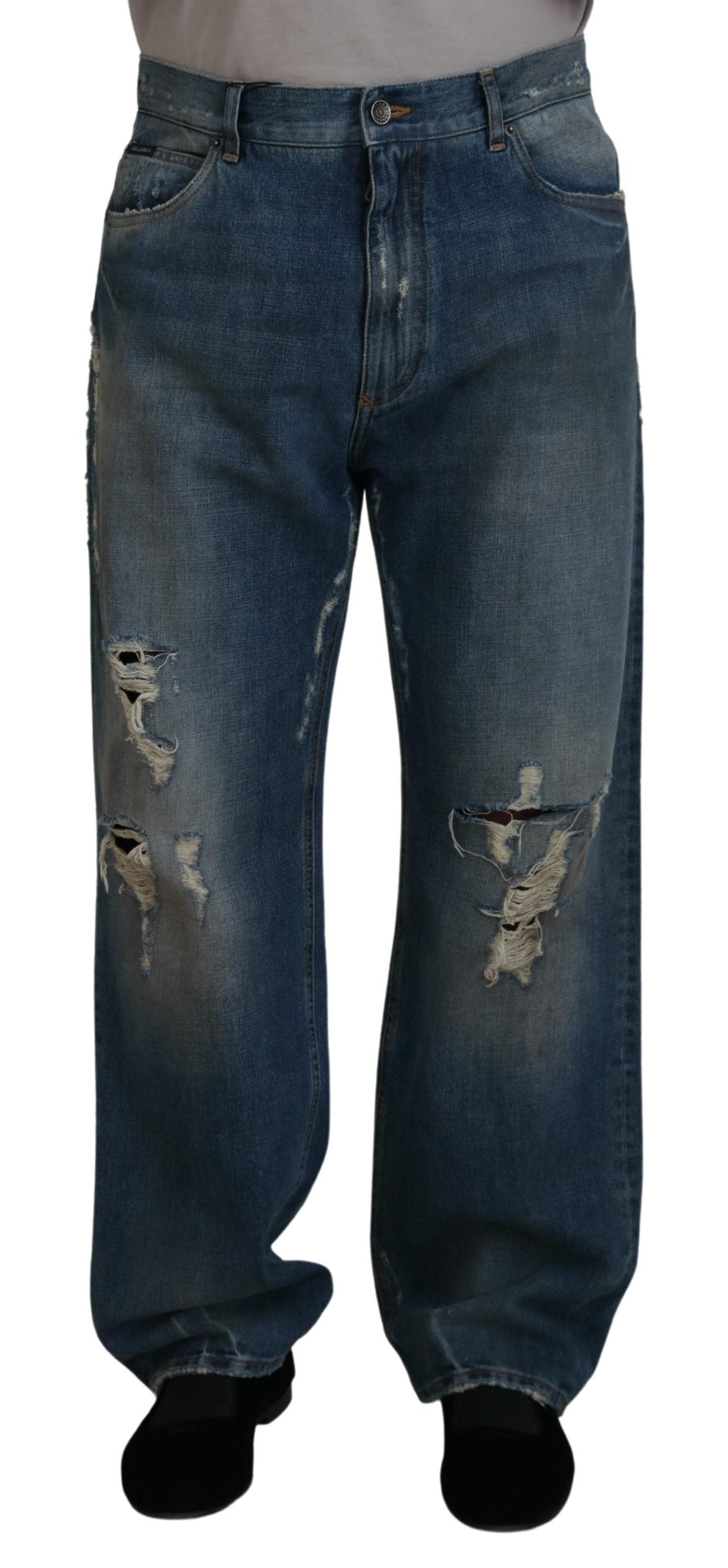 Jeans in denim dal taglio dritto e strappati in cotone blu