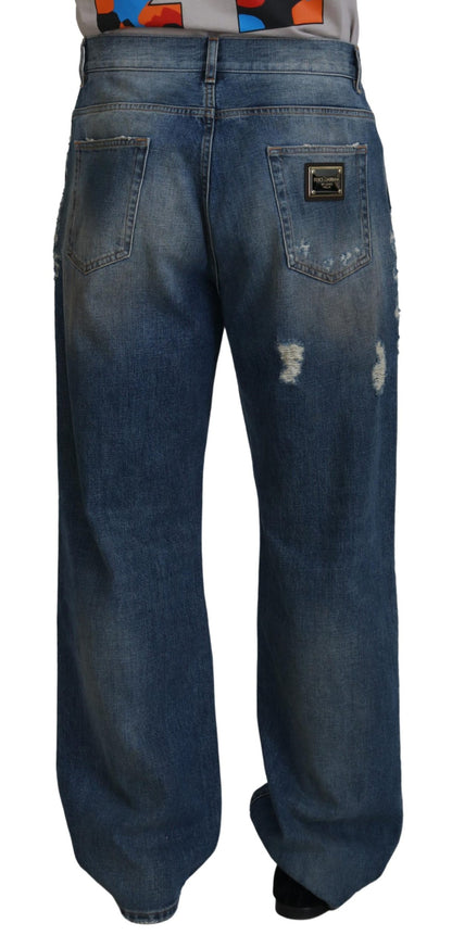 Jeans in denim dal taglio dritto e strappati in cotone blu