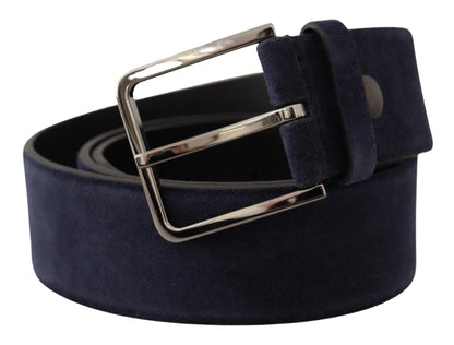 Cintura con fibbia con logo argento in pelle di velluto blu navy