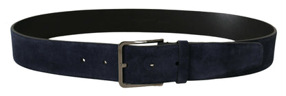 Cintura con fibbia con logo argento in pelle di velluto blu navy