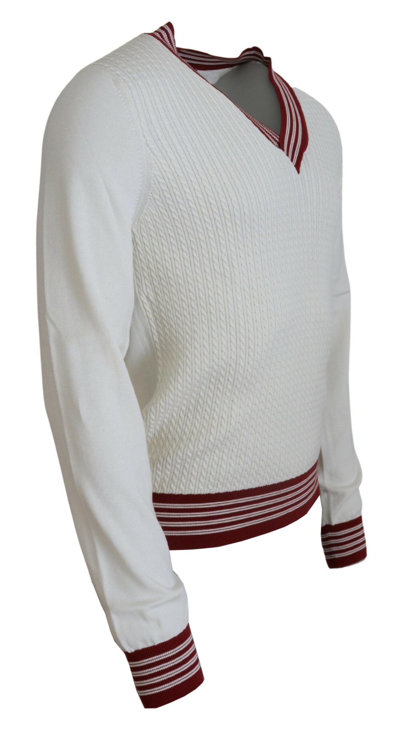 Maglione pullover con scollo a V lavorato a maglia bianco rosso