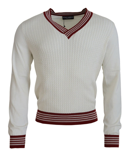 Maglione pullover con scollo a V lavorato a maglia bianco rosso