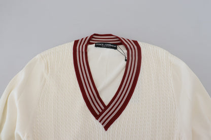 Maglione pullover con scollo a V lavorato a maglia bianco rosso