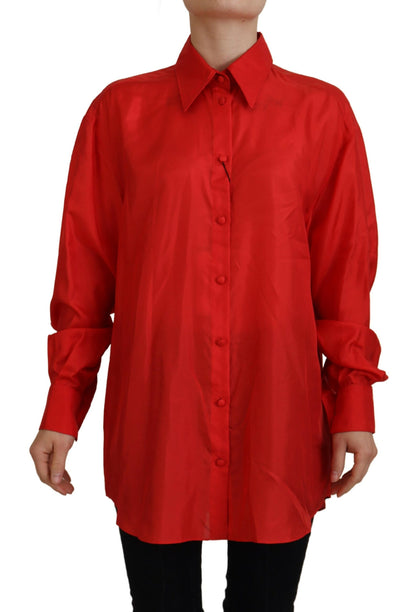 Top camicia elegante a maniche lunghe con colletto in seta rossa