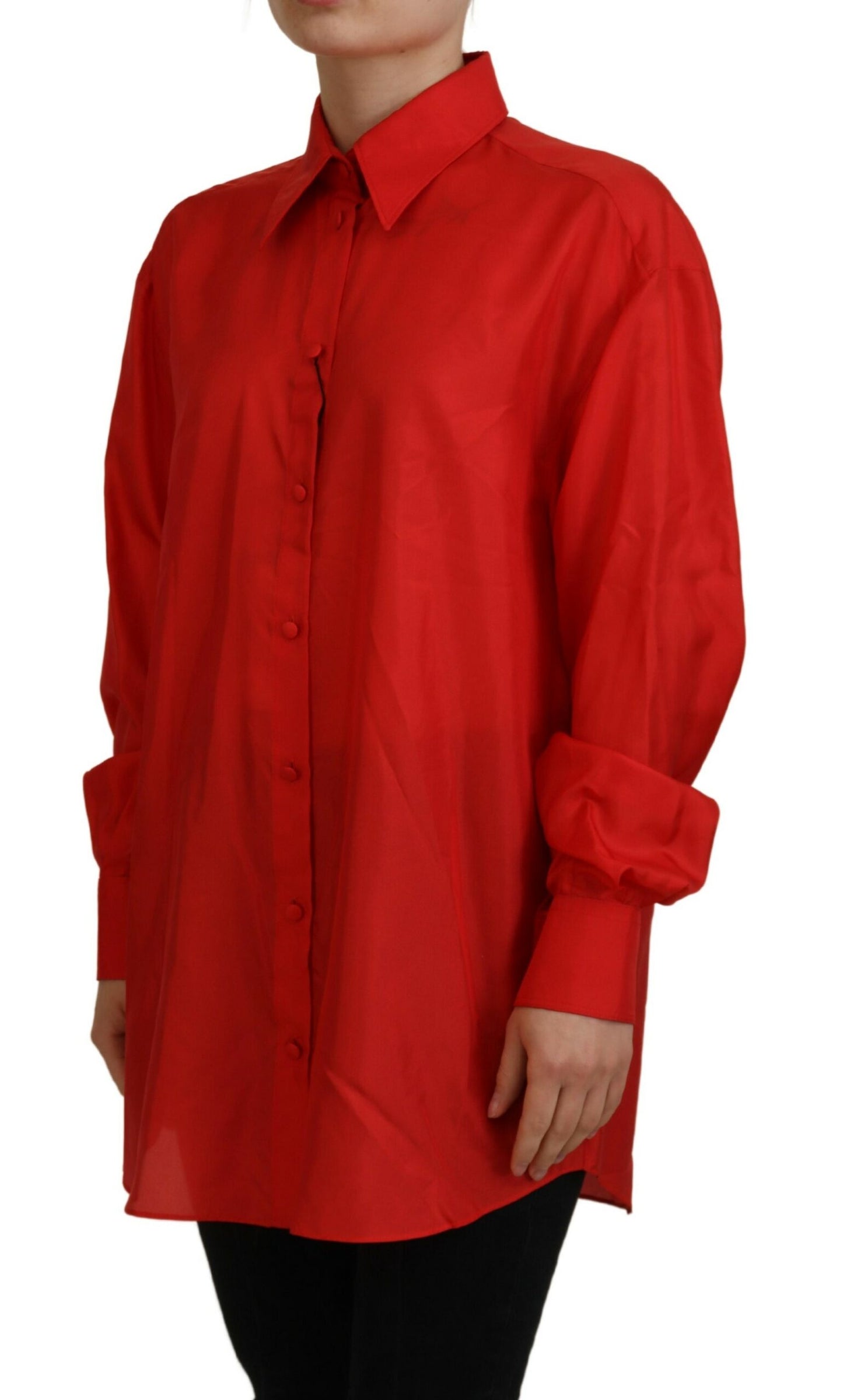 Top camicia elegante a maniche lunghe con colletto in seta rossa