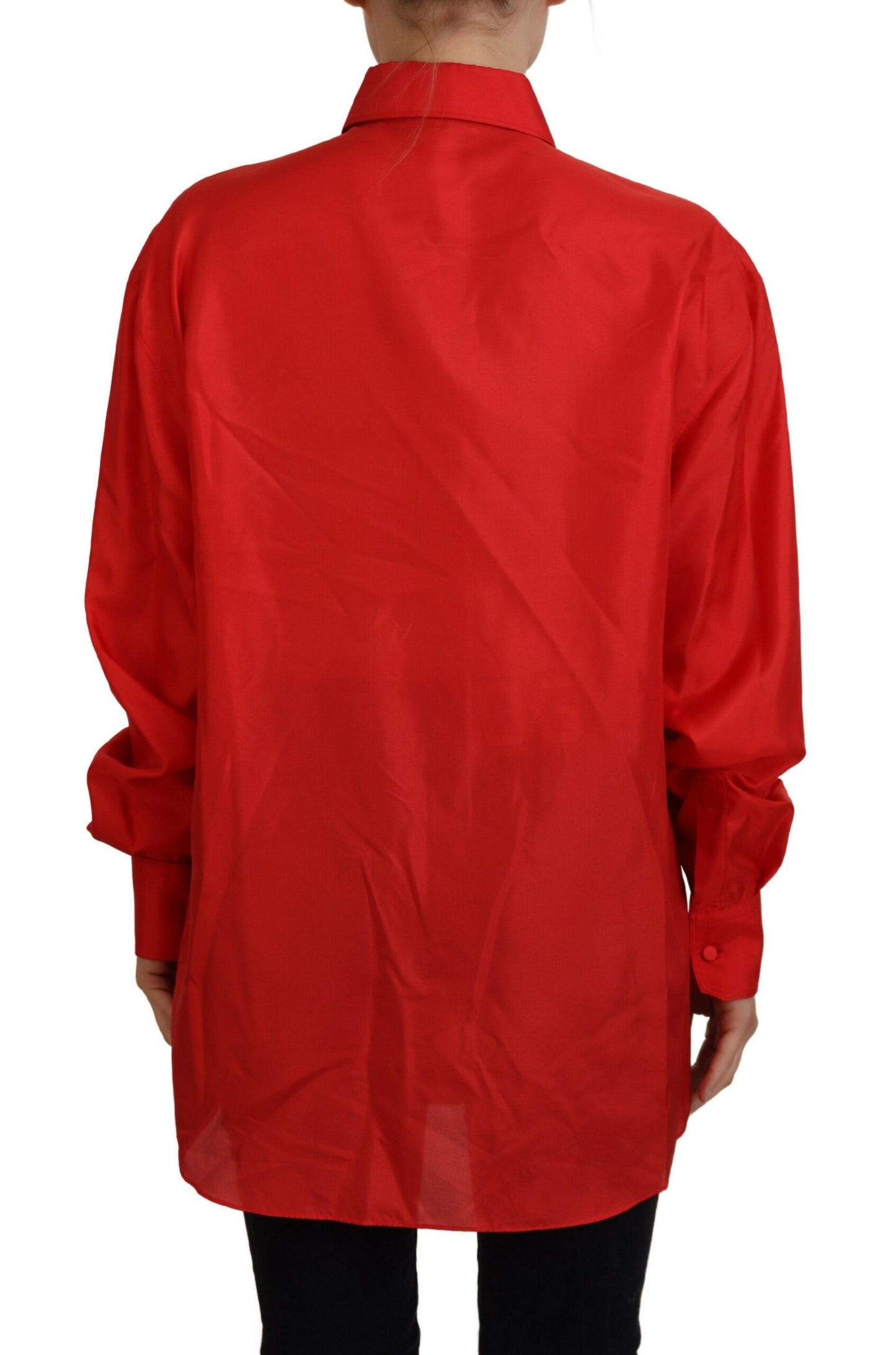 Top camicia elegante a maniche lunghe con colletto in seta rossa