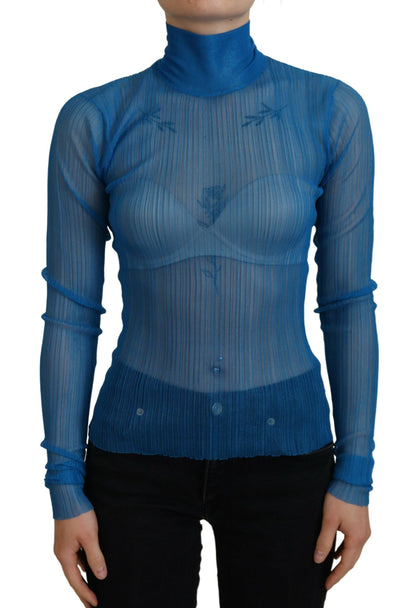 Top camicetta a maniche lunghe con collo alto in rete blu