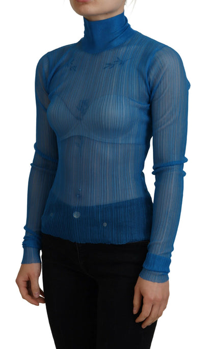 Top camicetta a maniche lunghe con collo alto in rete blu