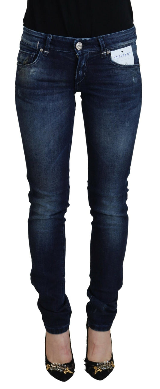 Jeans casual in denim da donna slim fit a vita bassa in cotone blu