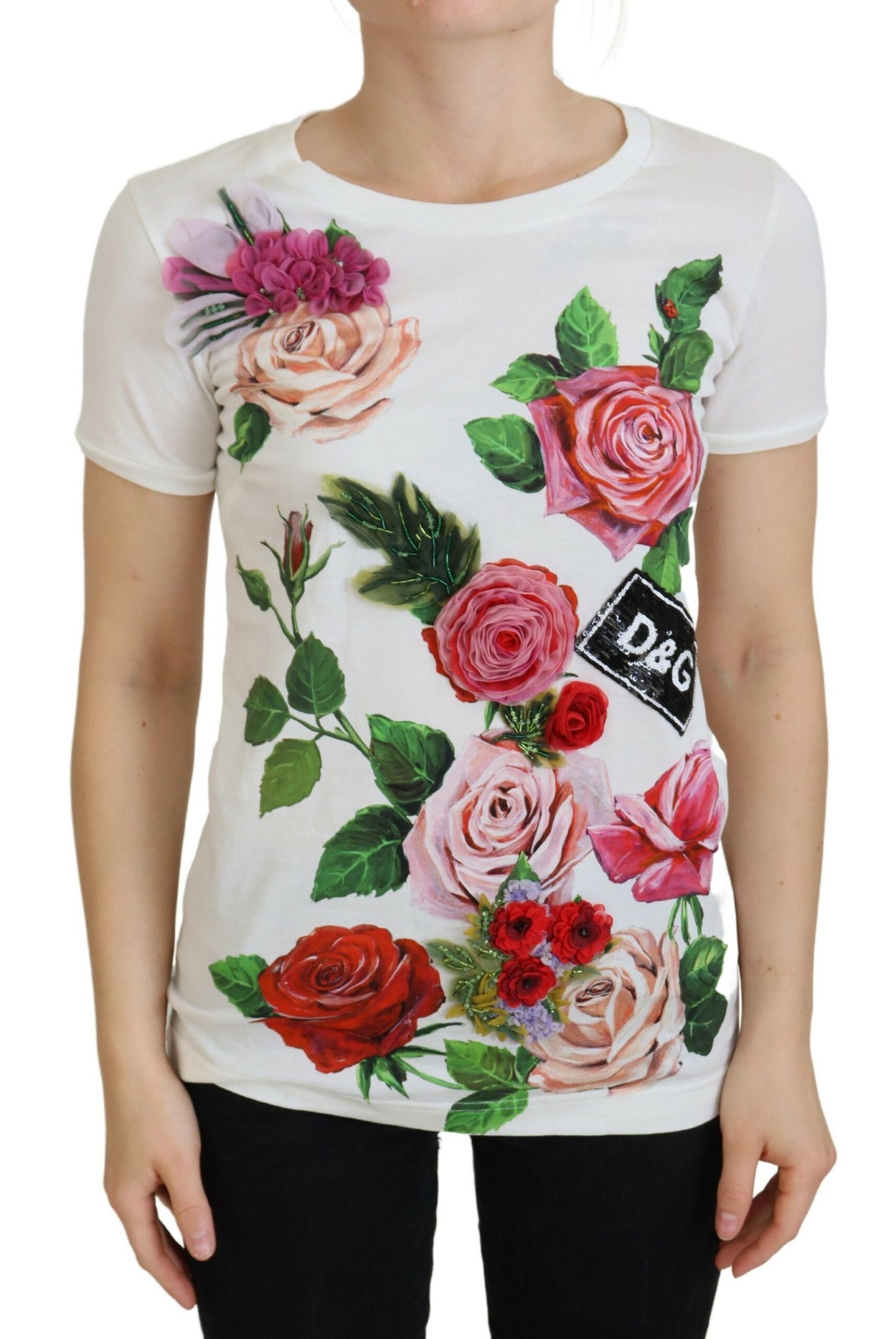 Elegantes mehrfarbiges Baumwoll-T-Shirt mit Rosen-Print