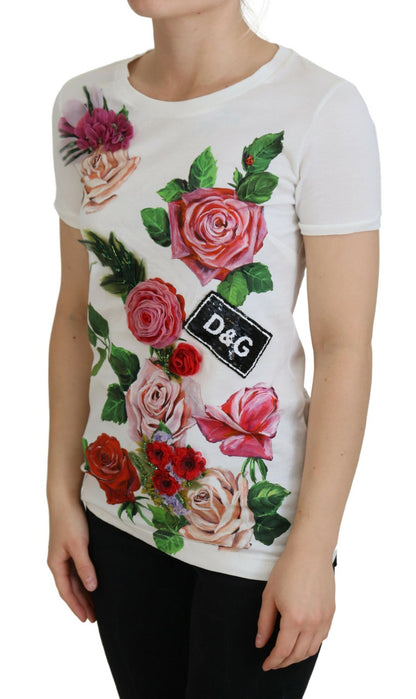 Elegantes mehrfarbiges Baumwoll-T-Shirt mit Rosen-Print