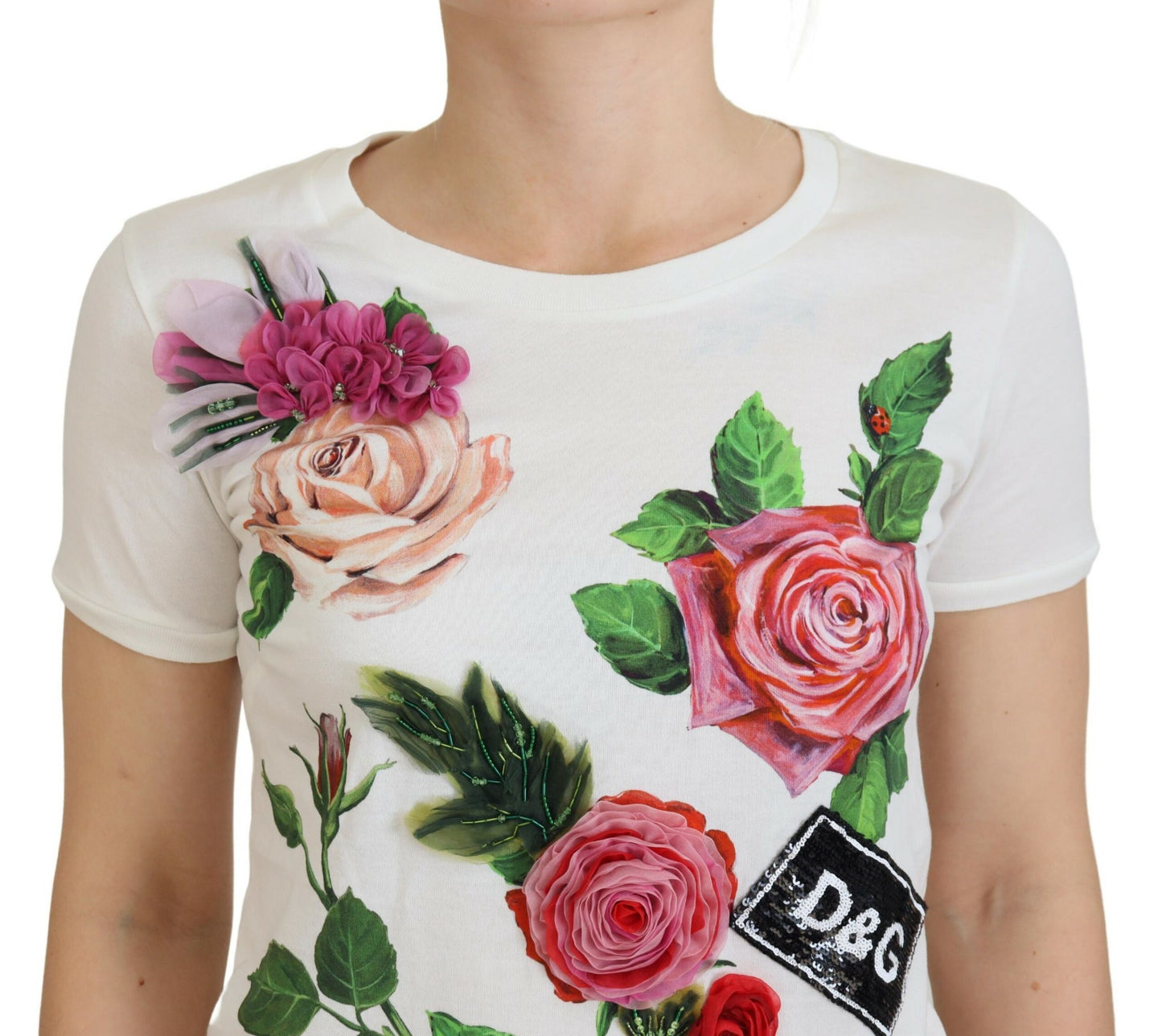 Elegantes mehrfarbiges Baumwoll-T-Shirt mit Rosen-Print